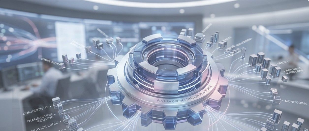 Futura Orchestration Platform at the center, connecting connectivity, transaction routing, identity, compliance and monitoring services